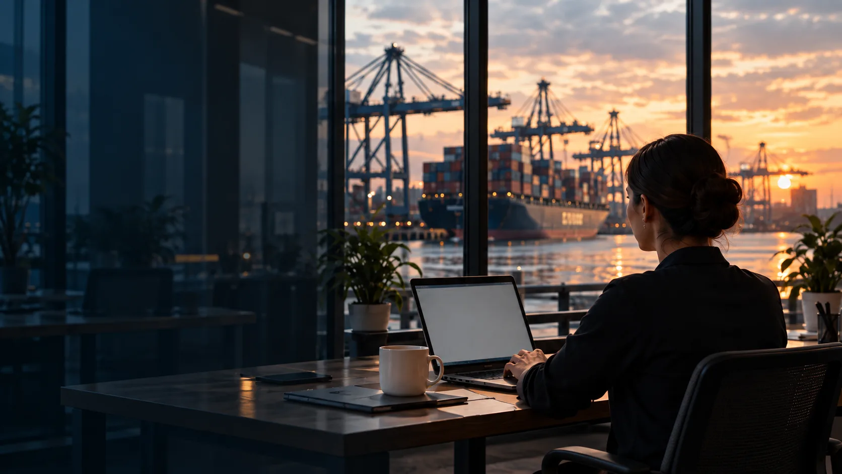 Profesional trabajando con información digital frente a un puerto